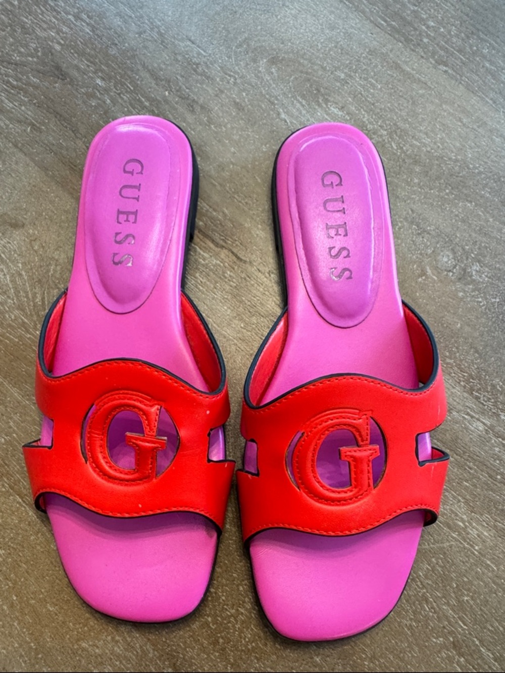 GUESS Red Leather Logo Slides with Pink Footbed
